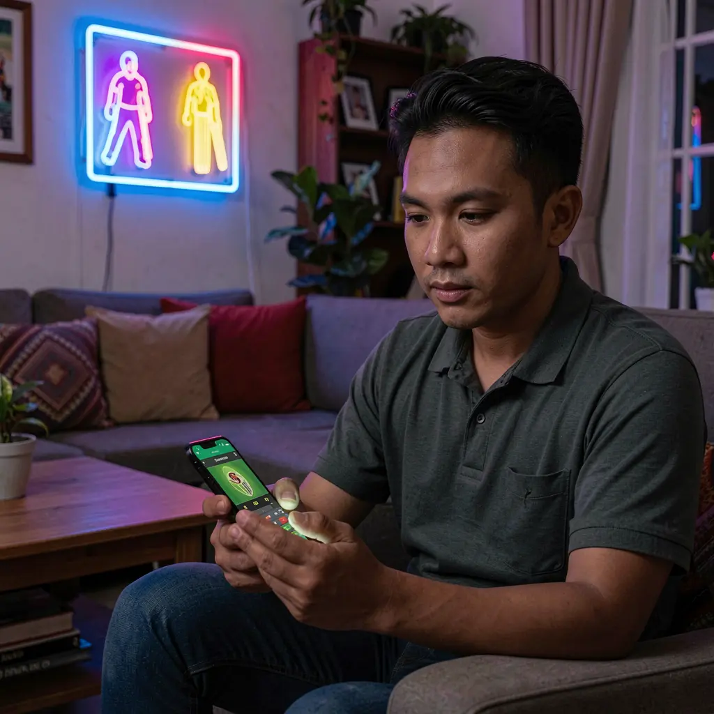 Focused Filipino player using the GOGOGOPHP sports betting app on his phone with bright cricket icons and neon lights in a cozy living room