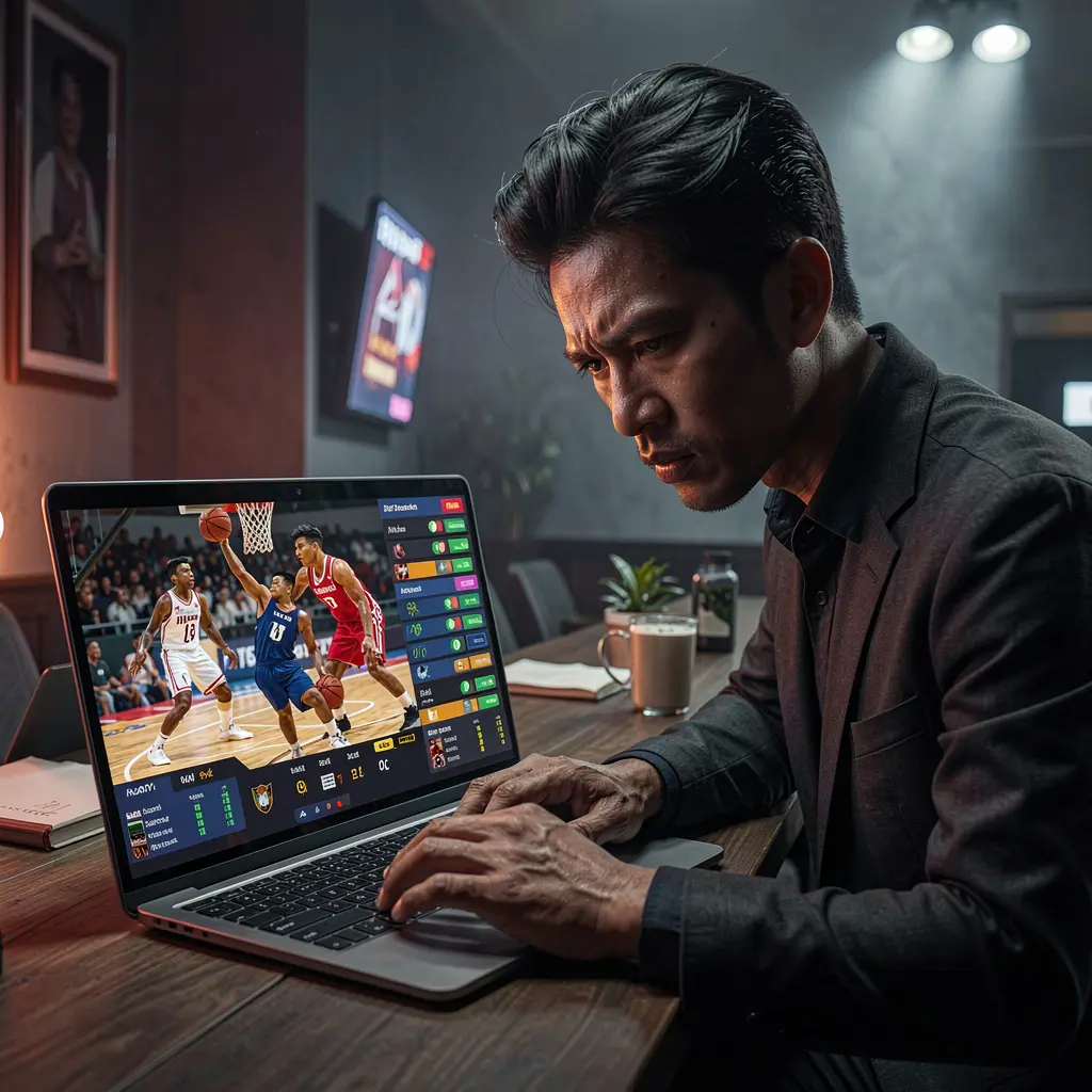 GOGOGOPHP Bet – Experience real time sports betting excitement in the Philippines Focused Filipino sports bettor using a laptop with live basketball action and detailed betting markets on GOGOGOPHP during an intense match