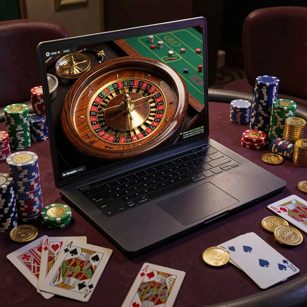 GOGOGOPHP – Enjoy immersive online casino gameplay anytime in the Philippines Modern laptop showing a detailed online roulette wheel with scattered casino chips and cards highlighting the immersive casino gameplay at GOGOGOPHP
