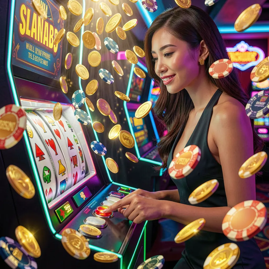 A stylish Filipino player enjoying high payout slot games at GOGOGOPHP with golden coins raining down in a vibrant casino setting
